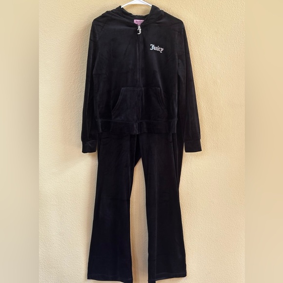 Juicy Couture Black Bling Velour Hoodie & Matching Flare Velour Pants Large EUC! - Picture 5 of 13